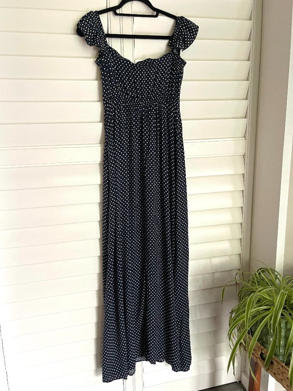 Lulus Dream Love Navy Blue Polka Dot Off the Shoulder Maxi Sundress Size Large - Picture 7 of 12